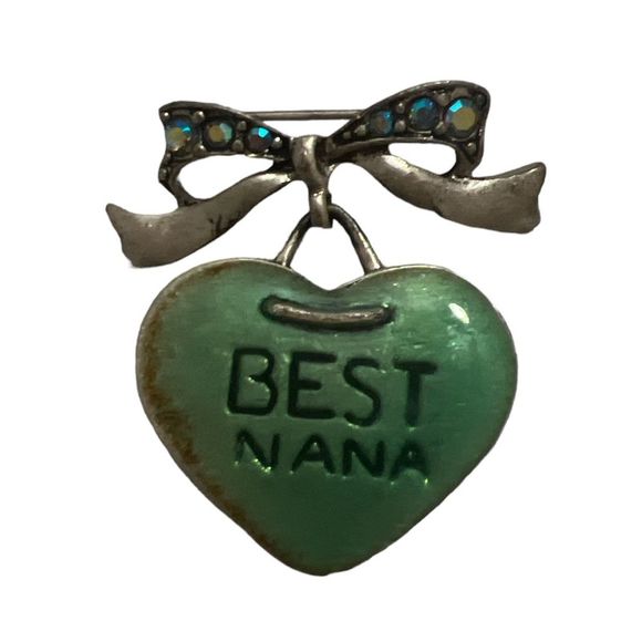 Vintage Distressed Best Nana Bow Crystals Heart Brooch Pin - Picture 1 of 5